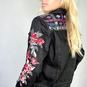 Johnny Was Black Denim Jacket with Red & Blue Floral Embroidery
